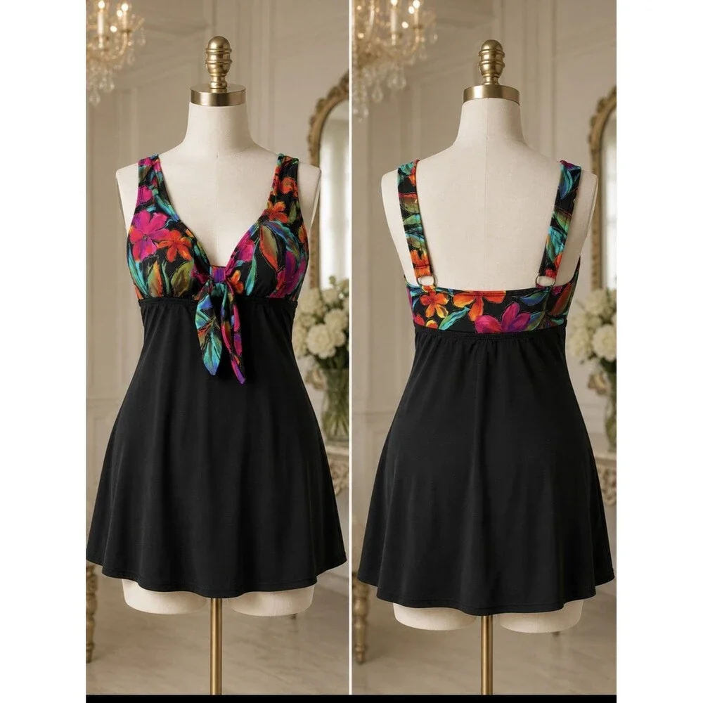 Croft & Barrow Swimdress Sz 12 Black Tropical Floral Shimmer One Piece Swimwe